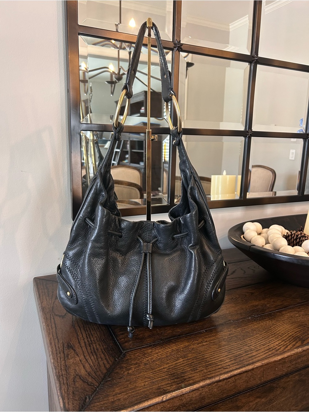 Sigrid Olsen black pebbled leather drawstring hobo shoulder bag